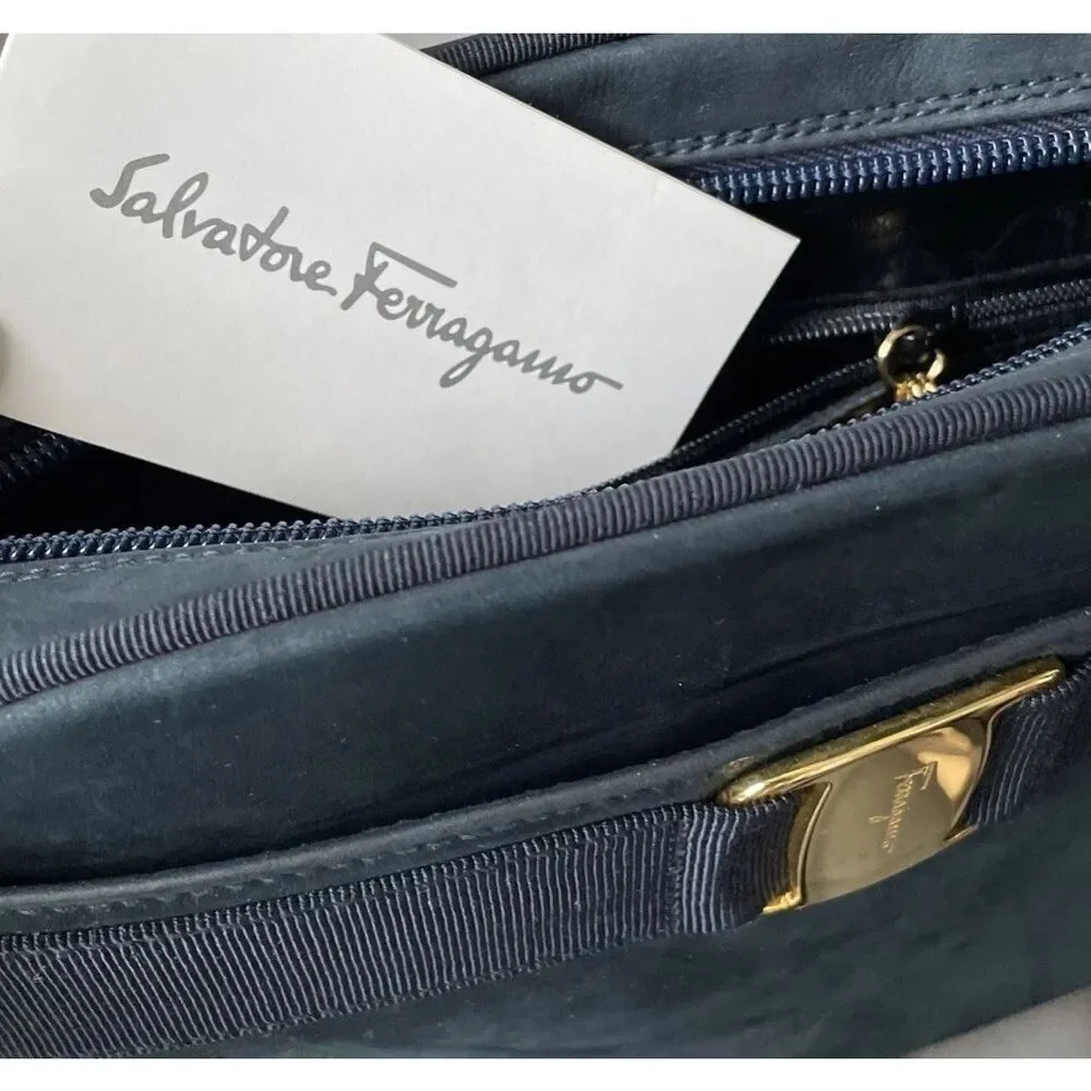 SALVATORE FERRAGAMO Vara Shoulder Crossbody Bag Suede Leather Black
